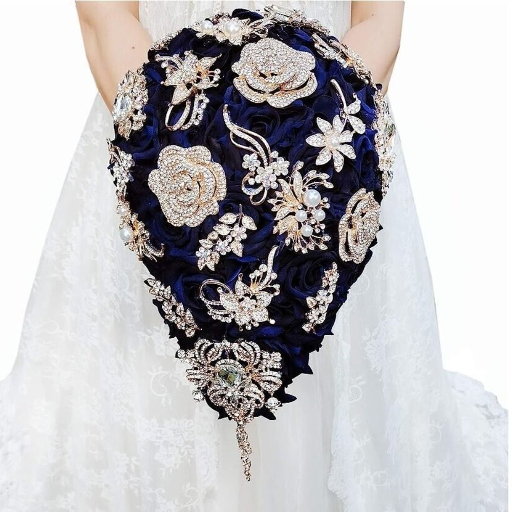 Waterdrop Wedding Bridal Floral Jeweled Bouquet Navy Blue 10 x 14 NEW